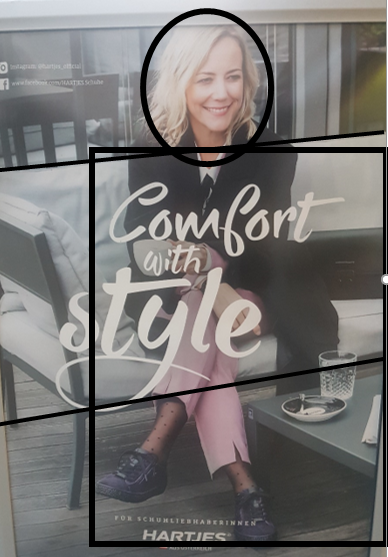 Werbeplakat mit Planimetrielinien dem Titel "Comfort in Style" mit einer blonden Frau auf einer Bank.