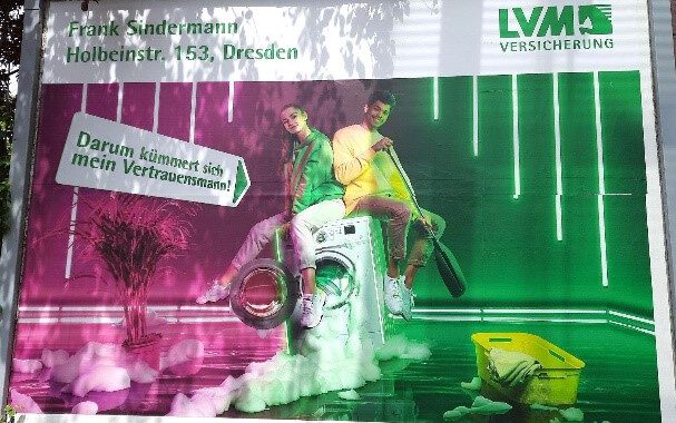 Werbeplakat der LVM Versicherungen mit dem Slogan "Darum kümmert sich mein Vertrauensmann!"