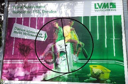 Werbeplakat der LVM Versicherungen mit Planimetrielinien mit dem Slogan "Darum kümmert sich mein Vertrauensmann!"