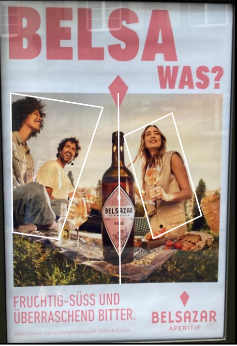 Werbeplakat der Getränkemarke Belsazar mit Planimetrielinien mit dem Titel "Belsa was?"