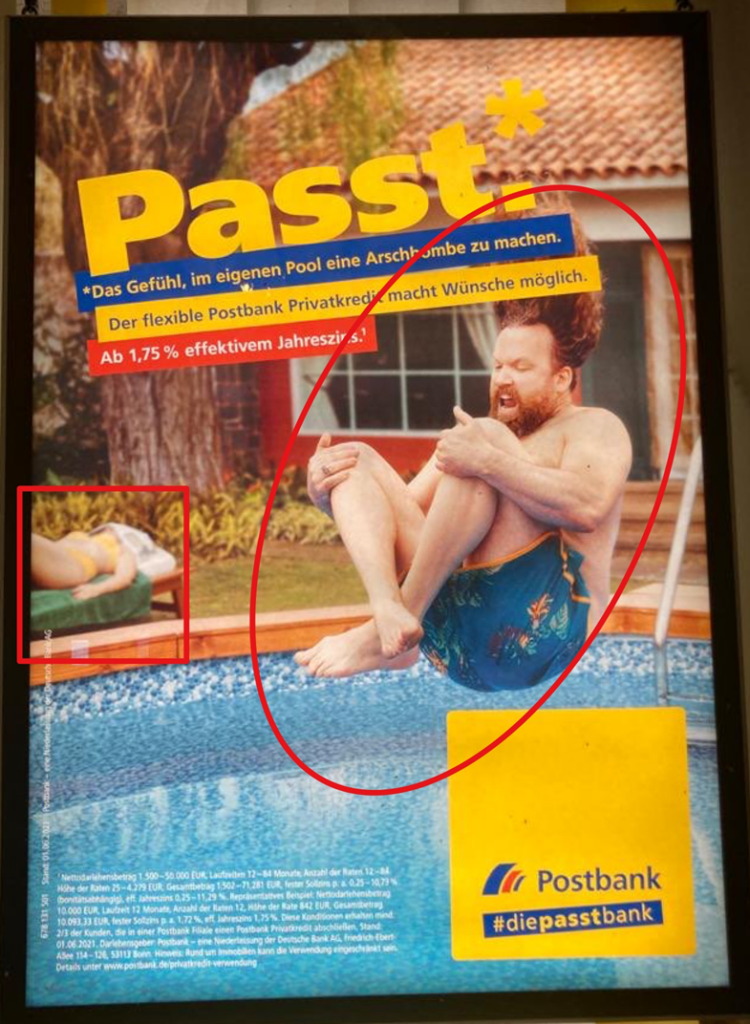 Werbeplakat der Postbank mit Planimetrielinien mit dem Titel "Passt.*"