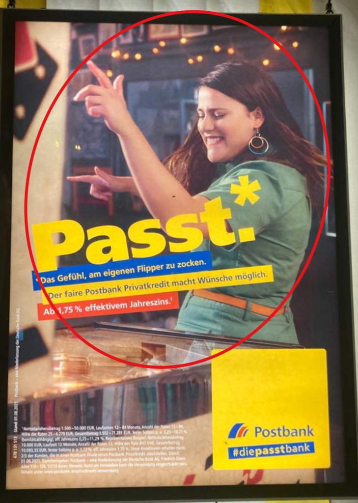 Werbeplakat der Post Bank mit Planimetrielinien mit dem Titel "Passt.*"
