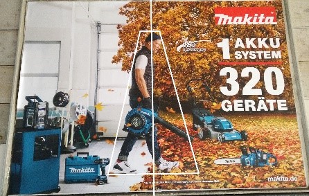 Werbeplakat von Makita mit Planimetrielinien mit dem Titel "1 Akku 1 System 320 Geräte"
