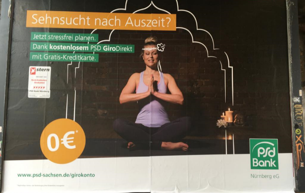 Werbeplakat der PSD Bank mit dem Titel "Sehnsucht nach Auszeit?"