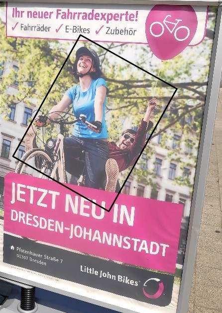 Werbeplakat von Little John Bikes mit Planimetrielinien mit dem Titel "Ihr neuer Fahrradexperte. Jetzt neu in Dresden-Johannstadt."