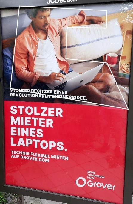 Werbeplakat von Grover mit Planimetrielinien mit dem Titel "Stolzer Mieter eines Laptops."