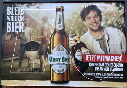 Werbeplakat für die Biermarke Freiberger mit Planimetrielinien mit dem Titel "Bleib wie dein Bier".