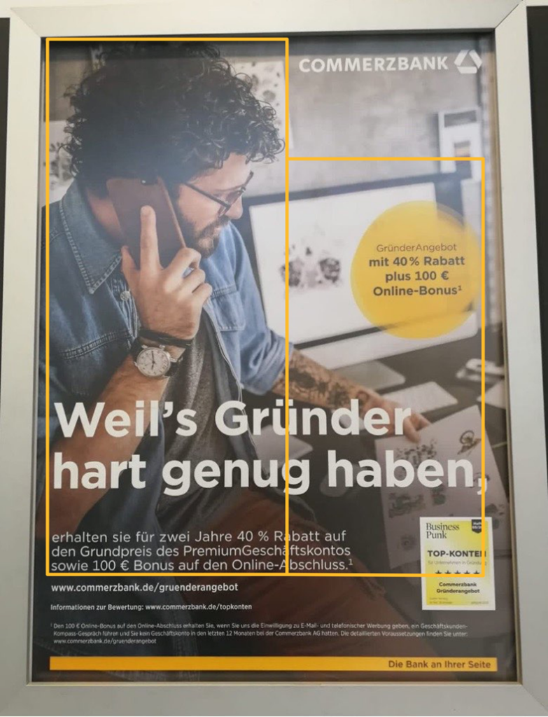 Werbeplakat der Commerzbank mit Planimetrielinien mit dem Titel "Weil's Gründer hart genug haben,"