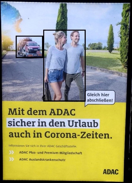 Werbeplakat des ADAC mit Planimetrielinien mit dem Titel "Mit dem ADAC sicher in den Urlaub auch in Corona-Zeiten."