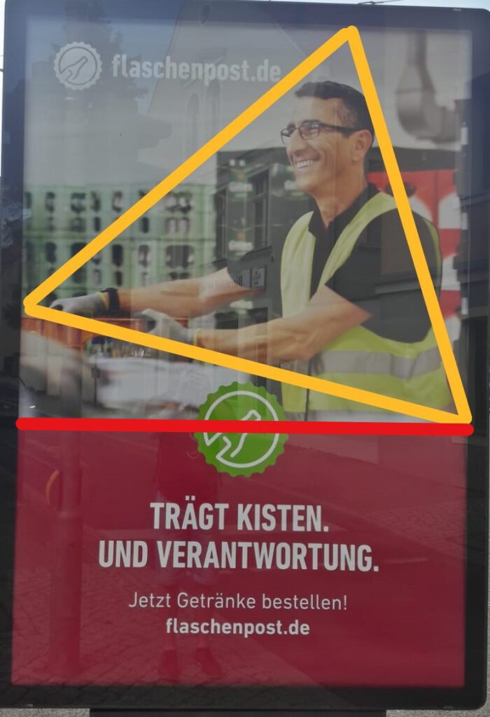 Foto eines Werbeplakates der Firma "Flaschenpost" mit Planimetrielinien